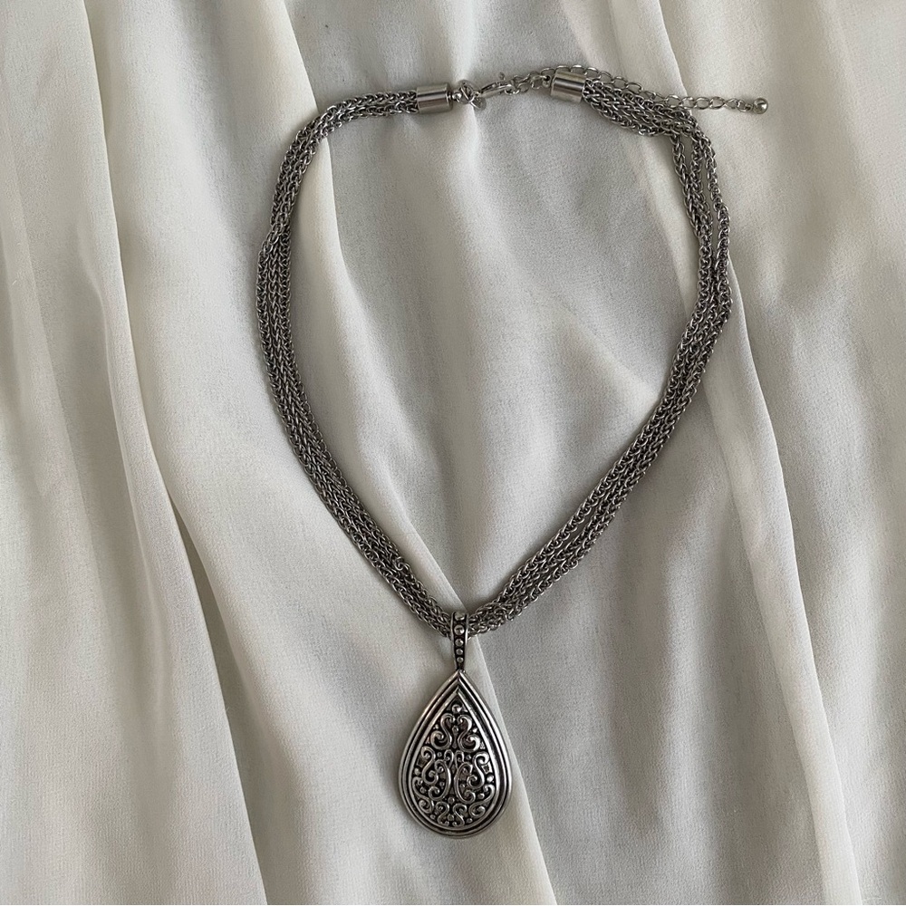 Vintage Large Filigree Teardrop Pendant | Multi-Strand Silver Necklace